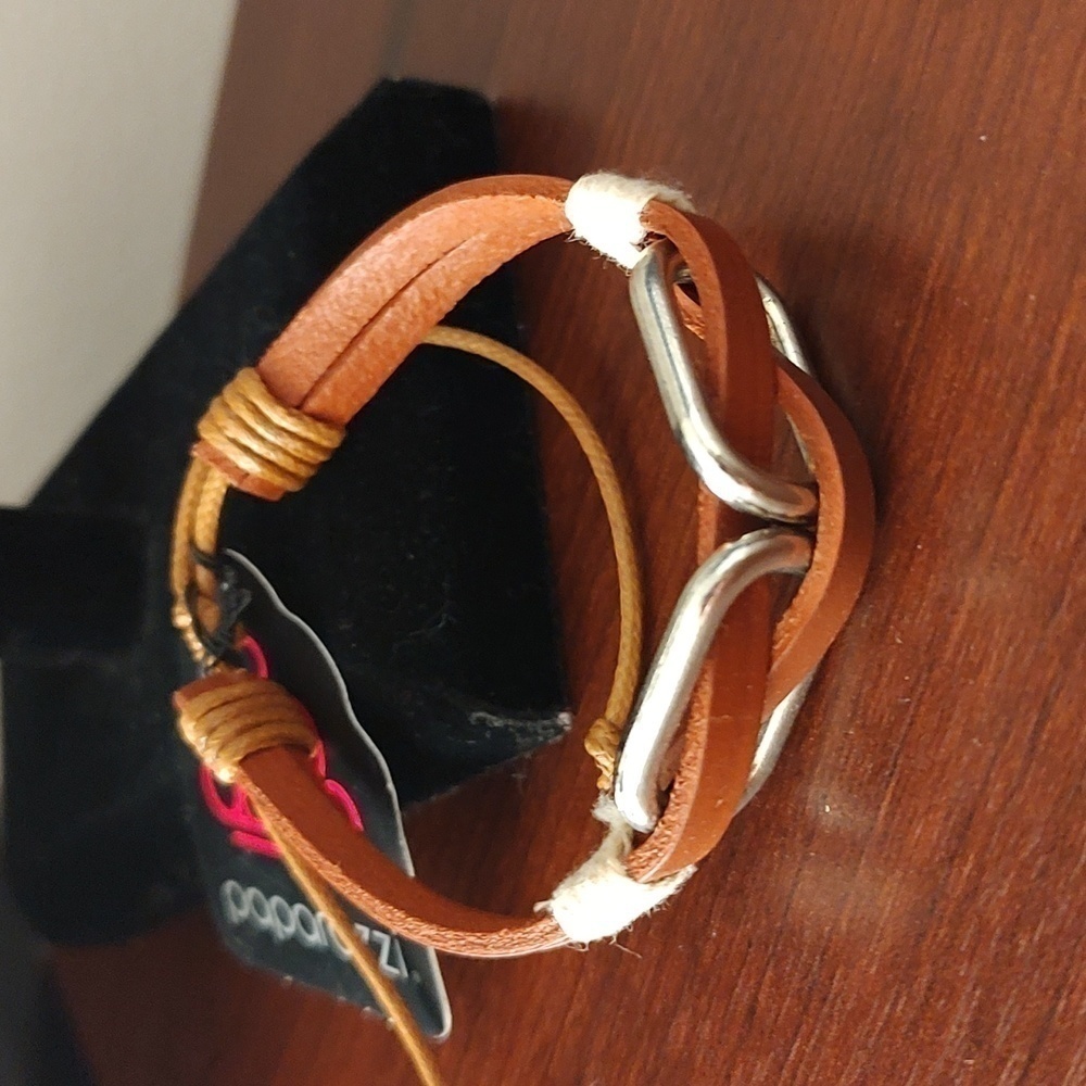 Paparazzi Tan Leather Adjustable Cord Bracelet with Silver and Cream Accents